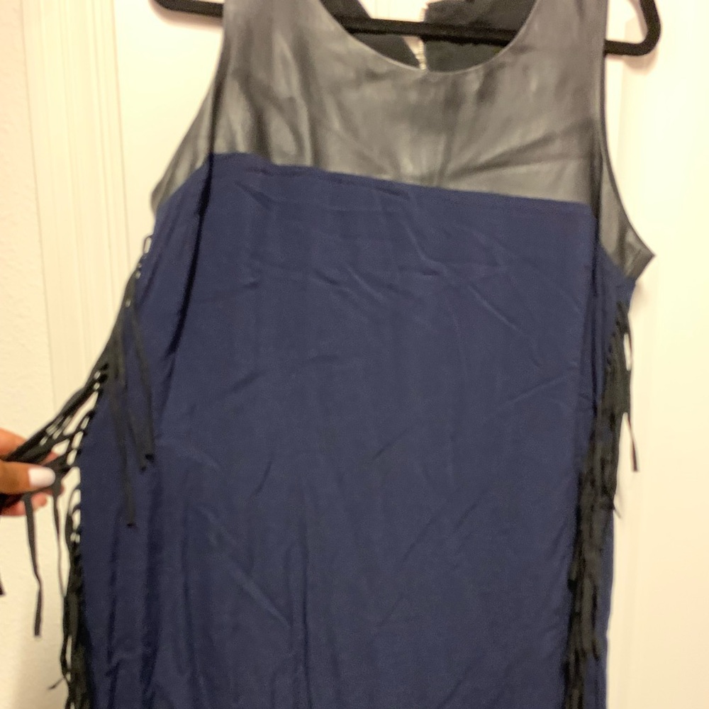 Leather and blue fringe dress never worn from frock candy boutique.